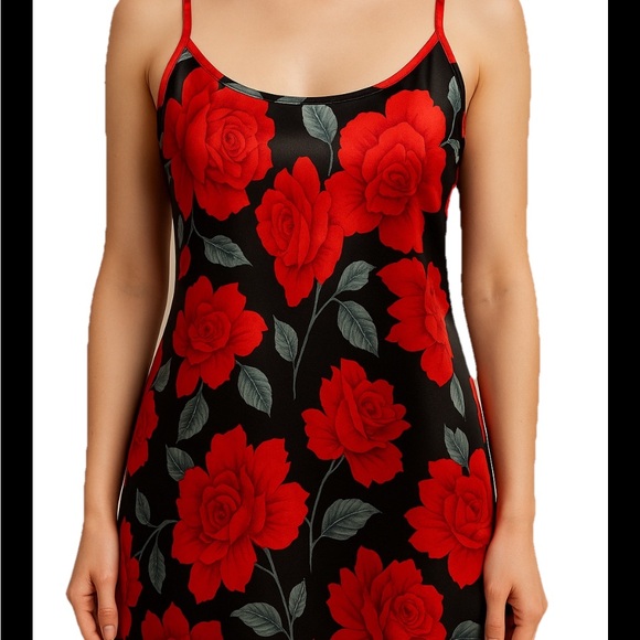 Secret Treasures 1X Satin Slip Dress Red Roses Black Y2K Vintage - Picture 2 of 5